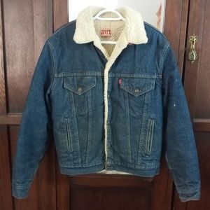 Vintage LEVI'S 70s Trucker Jacket Sherpa 40R Cotton Denim Blue Jean Rivet Snap